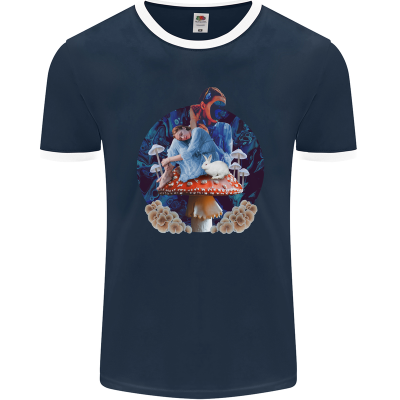 Trippy Alice Magic Mushrooms LSD Mens Ringer T-Shirt FotL Navy Blue/White