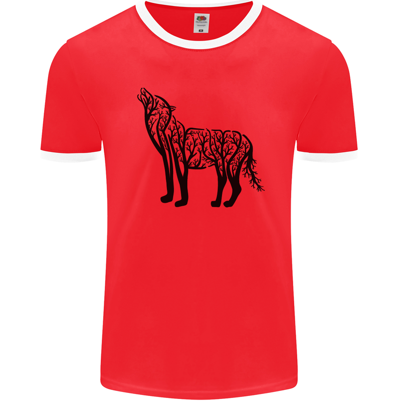 Wolf Tree Animal Ecology Mens Ringer T-Shirt FotL Red/White