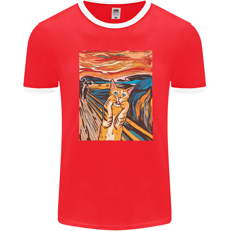 Cat Scream Painting Parody Mens Ringer T-Shirt FotL Red/White