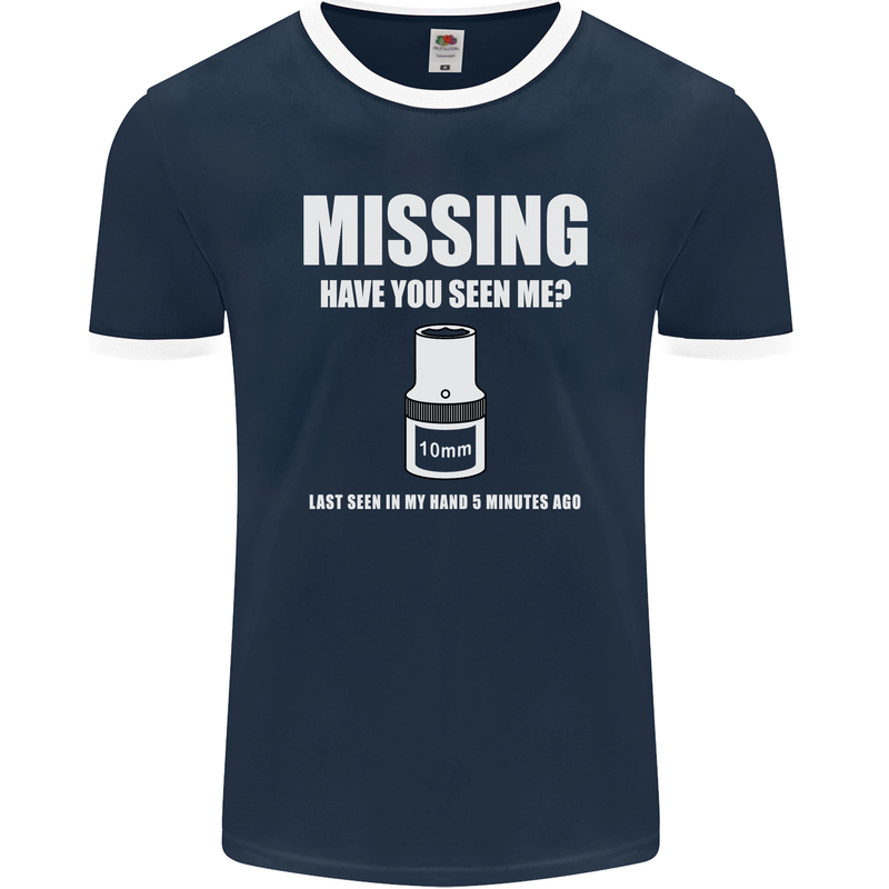 Missing 10 mm Socket Funny Plumer Mechanic Mens Ringer T-Shirt FotL Navy Blue/White