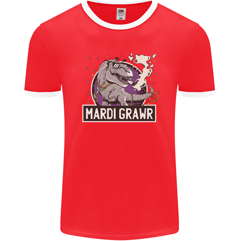 Funny T-Rex Mardi Gras Grawr Dinosaur Mens Ringer T-Shirt FotL Red/White