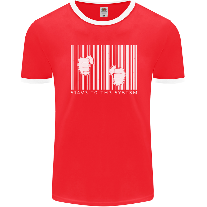 Slave to the System Anti Capitalism Mens Ringer T-Shirt FotL Red/White