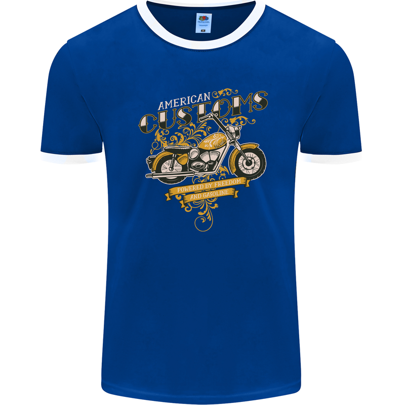 Biker American Customs Motorcycle Chopper Mens Ringer T-Shirt FotL Royal Blue/White