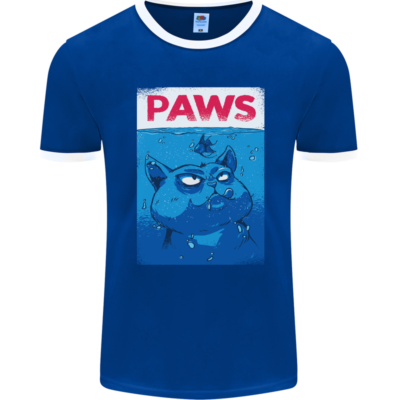 Paws Funny Cat and Goldfish Parody Mens Ringer T-Shirt FotL Royal Blue/White