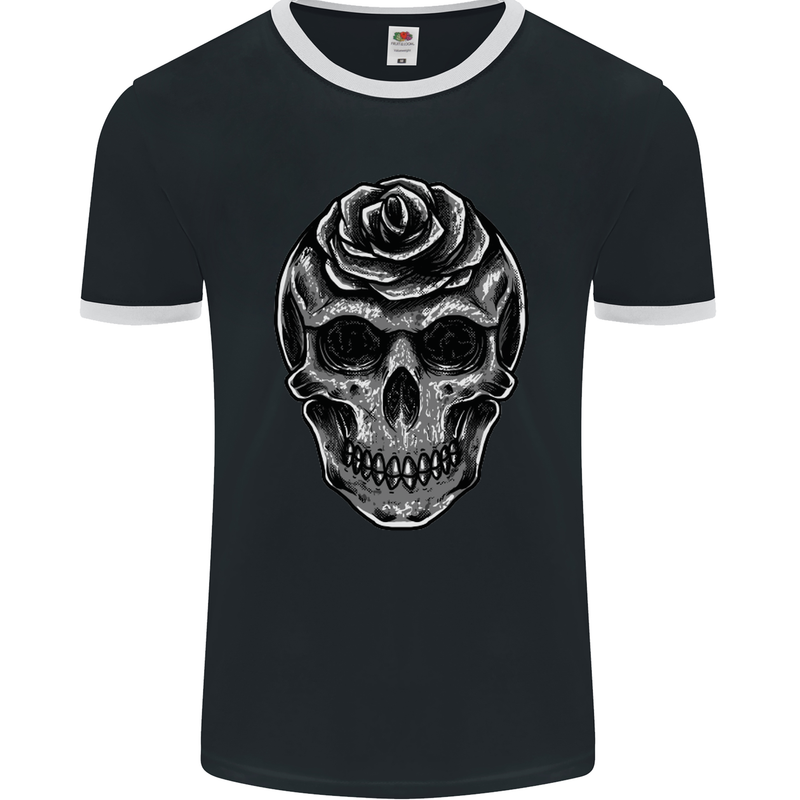 Rose Skull Biker Gothic Mens Ringer T-Shirt FotL Black/White