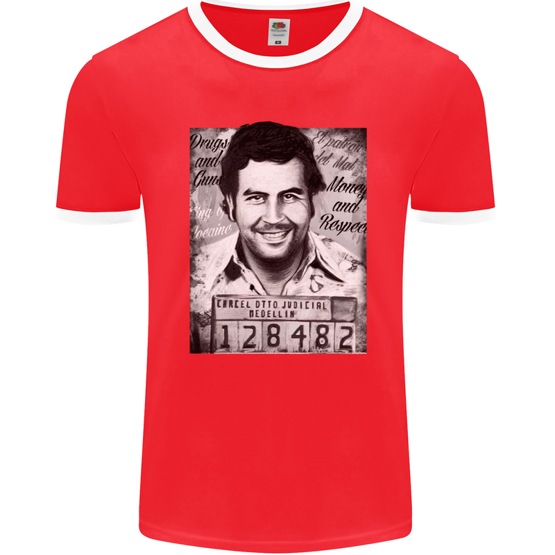 Pablo Escobar Mug Shot Mens Ringer T-Shirt FotL Red/White
