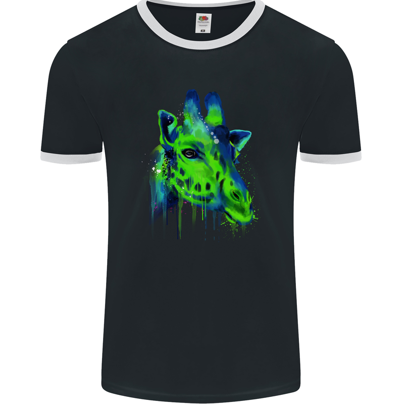 Giraffe Watercolour Mens Ringer T-Shirt FotL Black/White