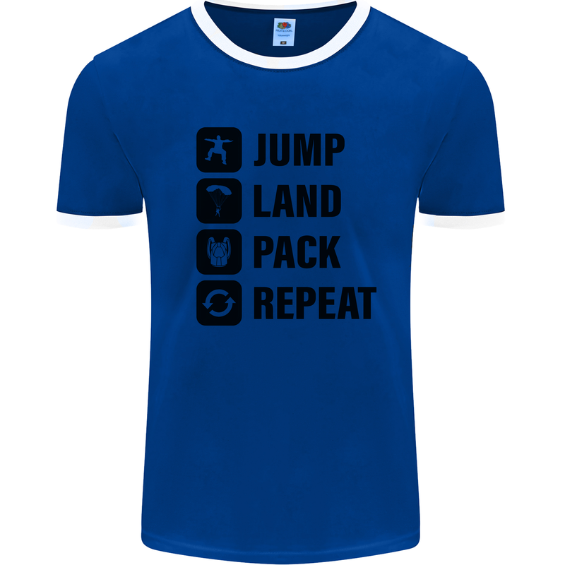 Skydiving Jump Land Pack Funny Skydiver Mens White Ringer T-Shirt Royal Blue/White