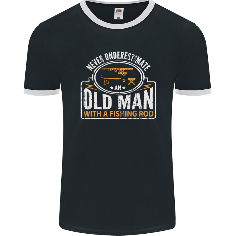 An Old Man With a Fishing Rod Fisherman Mens Ringer T-Shirt FotL Black/White