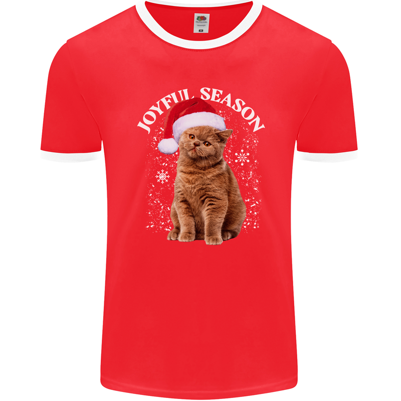 Joyful Season Christmas Funny Cat Xmas Mens Ringer T-Shirt FotL Red/White