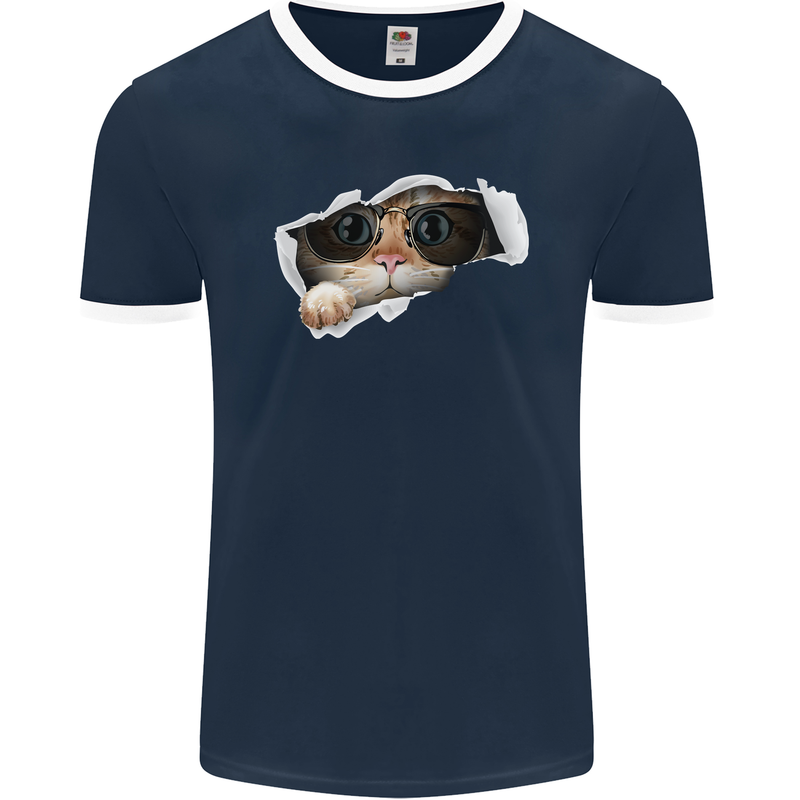 A Funny Cat Peeking From a Ripped Top Mens Ringer T-Shirt FotL Navy Blue/White