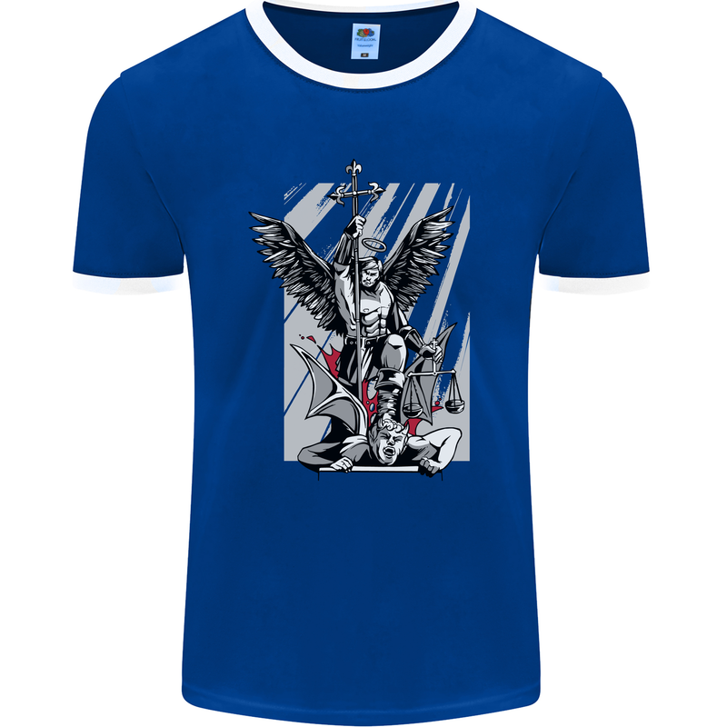 St. Michael Killing the Devil Christian God Mens Ringer T-Shirt FotL Royal Blue/White