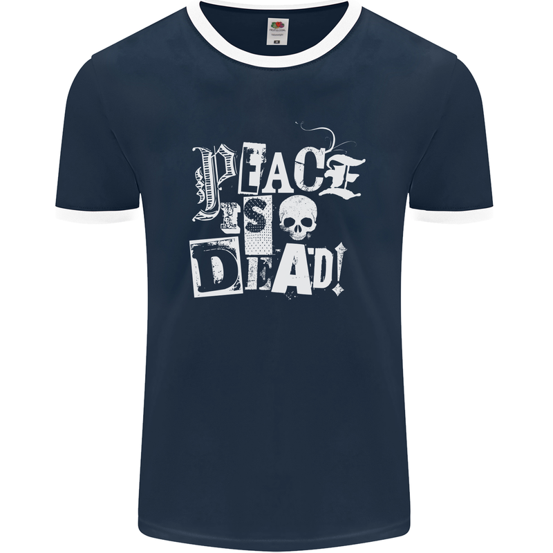 Peace is Dead War Anarchy Anarchist Skull Mens Ringer T-Shirt FotL Navy Blue/White