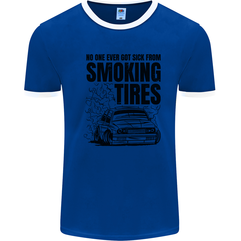 Car Drifting Burning Tires Mens Ringer T-Shirt Royal Blue/White