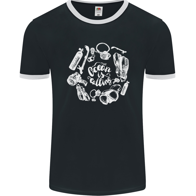 The Ocean Is Calling Scuba Diving Diver Mens Ringer T-Shirt FotL Black/White