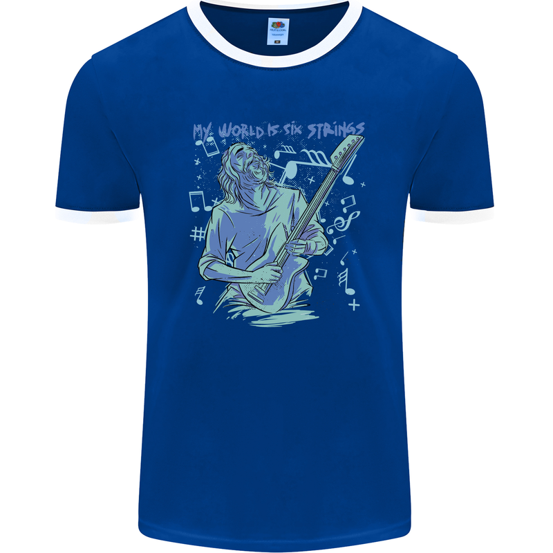 My World Is Six Strings Guitar Rock Music Mens Ringer T-Shirt FotL Royal Blue/White