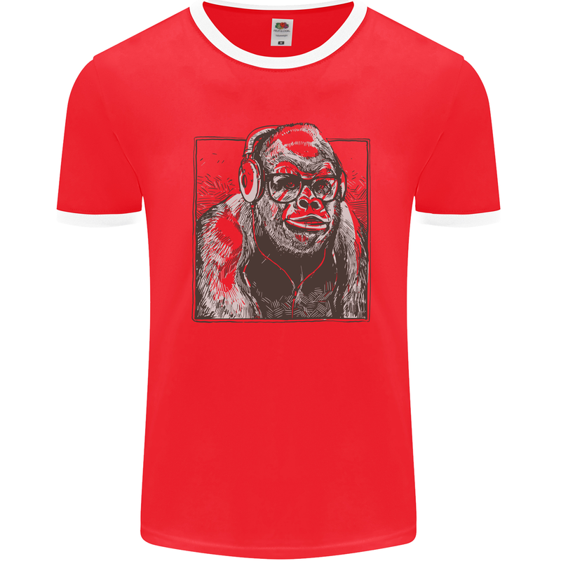 Gorilla with Headphones DJ Dance Music Mens Ringer T-Shirt FotL Red/White