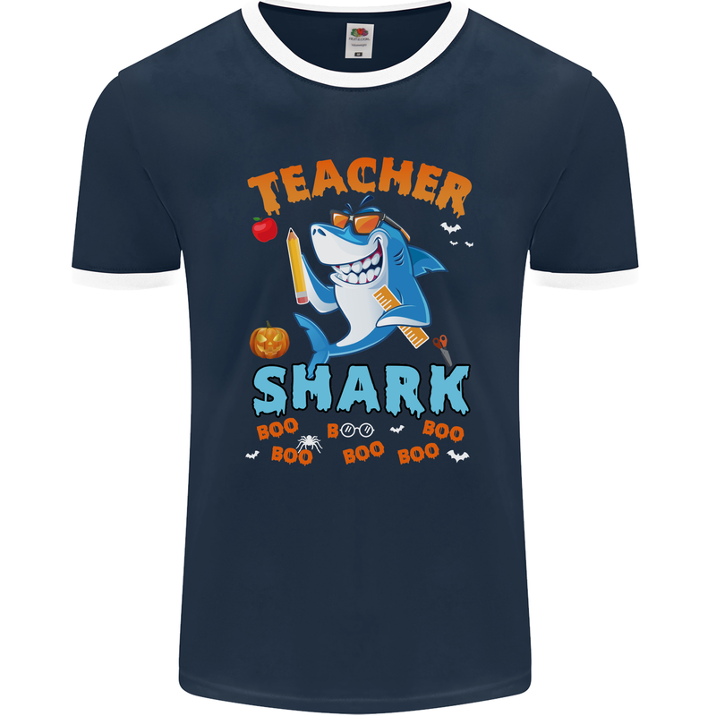 Teacher Shark Funny Teaching Teacher Mens Ringer T-Shirt FotL Navy Blue/White