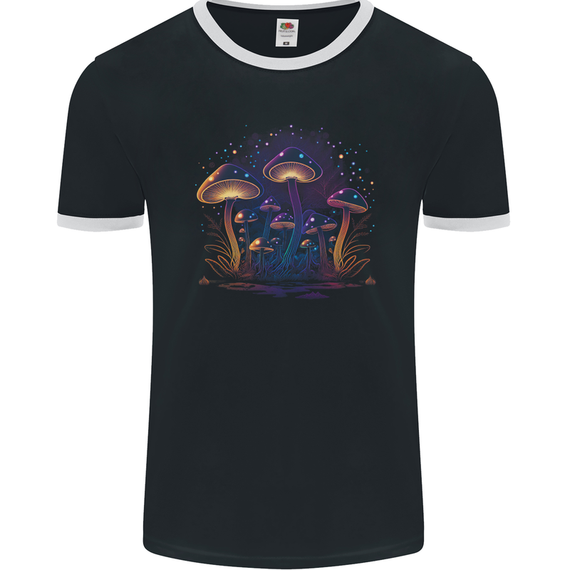 A Trippy Magic Mushroom Forest LSD Mens Ringer T-Shirt FotL Black/White