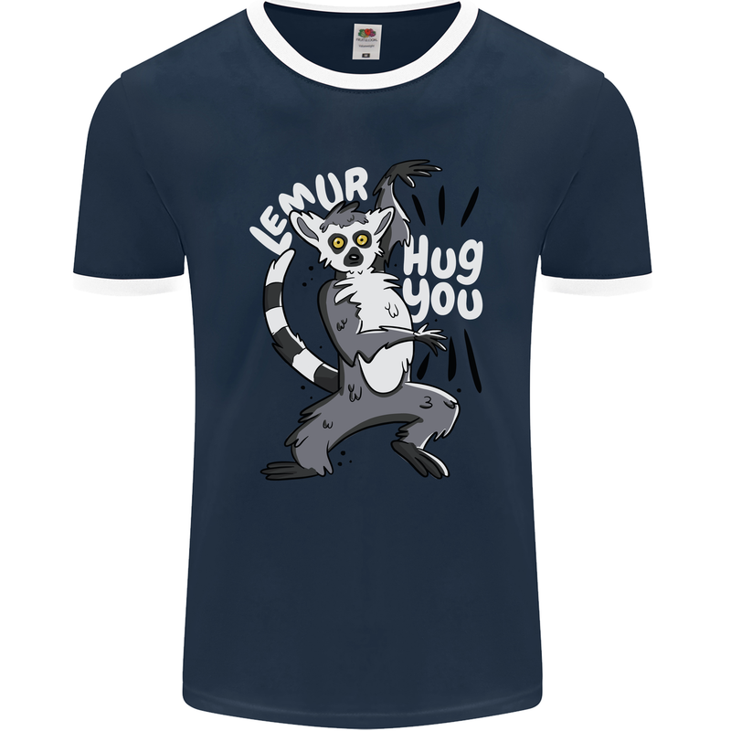 Lemur Hug You Funny Mens Ringer T-Shirt FotL Navy Blue/White