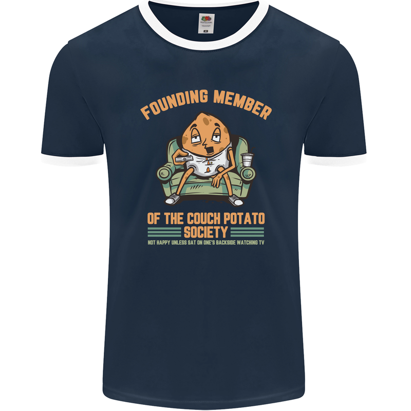 Funny Lazy Couch Potato Watchng TV & Movies Mens Ringer T-Shirt FotL Navy Blue/White