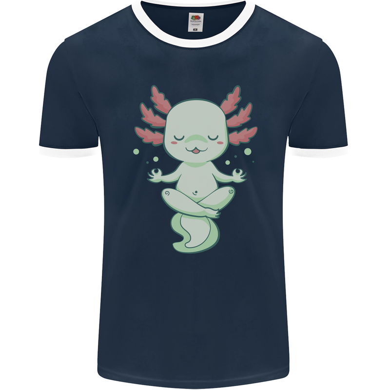 Meditating Axolot Yoga Spiritual Mens Ringer T-Shirt FotL Navy Blue/White