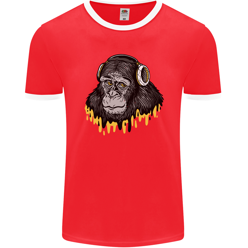 Monkey DJ Headphones Music Mens Ringer T-Shirt FotL Red/White