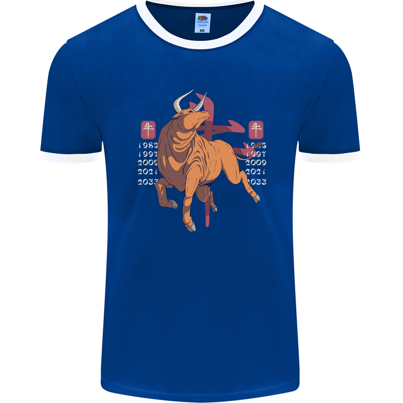 Chinese Zodiac Shengxiao Year of the Ox Mens Ringer T-Shirt FotL Royal Blue/White