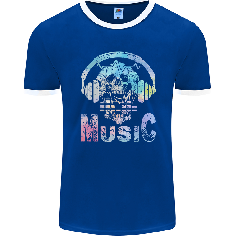 Music Skull With Headphones Dance Tekno Mens Ringer T-Shirt FotL Royal Blue/White