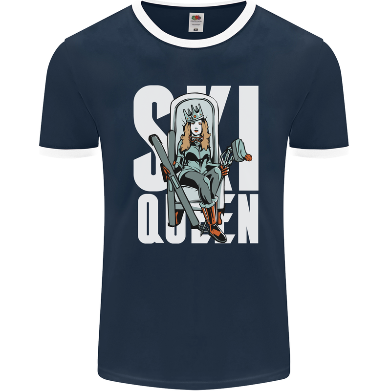 Ski Queen Funny Skiing Winter Sports Mens Ringer T-Shirt FotL Navy Blue/White