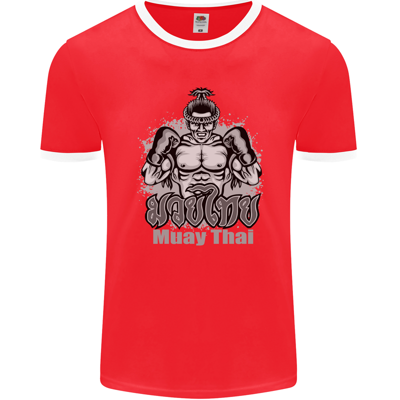 Muay Thai Boxing MMA Martial Arts Kick Mens Ringer T-Shirt FotL Red/White