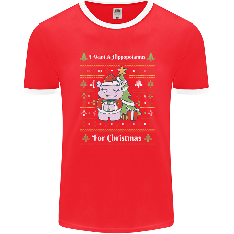 Hippo Christmas Funny Hippopotamus Mens Ringer T-Shirt FotL Red/White