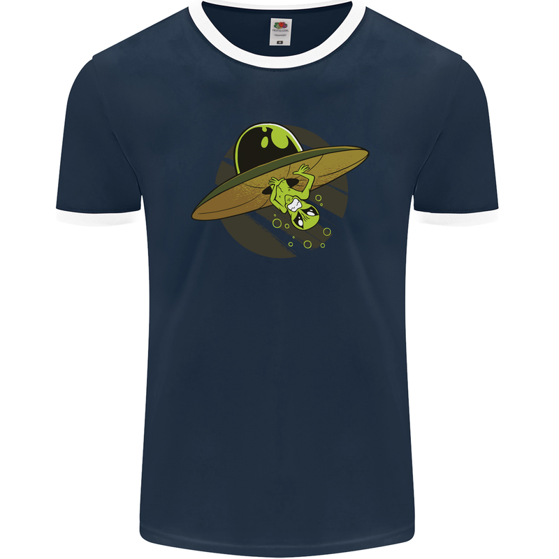 A Funny Alien Stuck in a UFO Flying Saucer Mens Ringer T-Shirt FotL Navy Blue/White