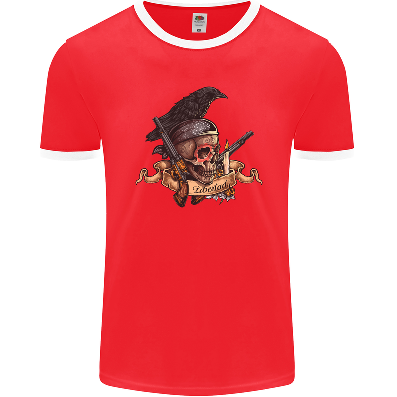 Libertad Skull Freedom Pirate Crow Raven Mens Ringer T-Shirt FotL Red/White