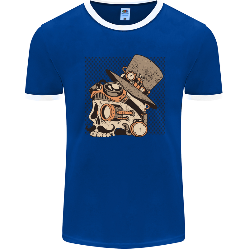 Steampunk Skull With Moustache Mens Ringer T-Shirt FotL Royal Blue/White