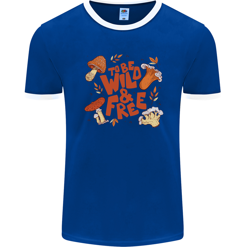 Wild & Free Mushroom Foraging Nature Mens Ringer T-Shirt FotL Royal Blue/White