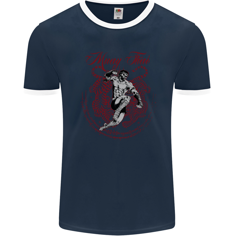 Muay Thai Tiger Warrior MMA Martial Arts Mens Ringer T-Shirt FotL Navy Blue/White