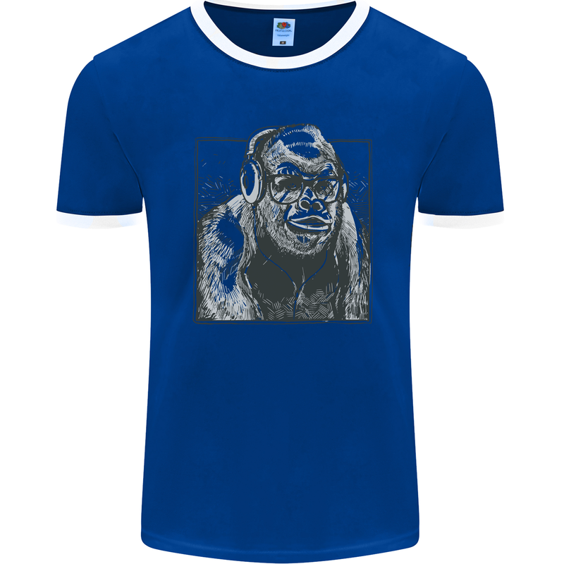 Gorilla with Headphones DJ Dance Music Mens Ringer T-Shirt FotL Royal Blue/White