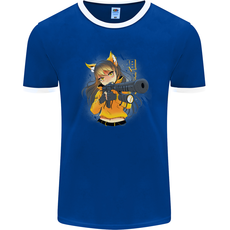 Anime Gun Girl Mens Ringer T-Shirt FotL Royal Blue/White
