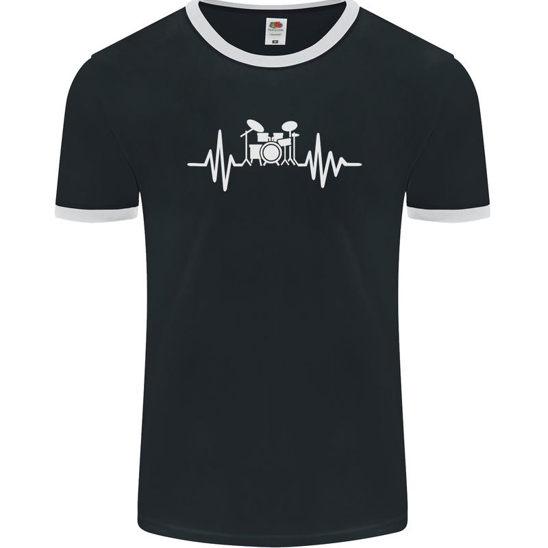 Drum Kit Pulse ECG Drum Drummer Drumming Mens Ringer T-Shirt FotL Black/White