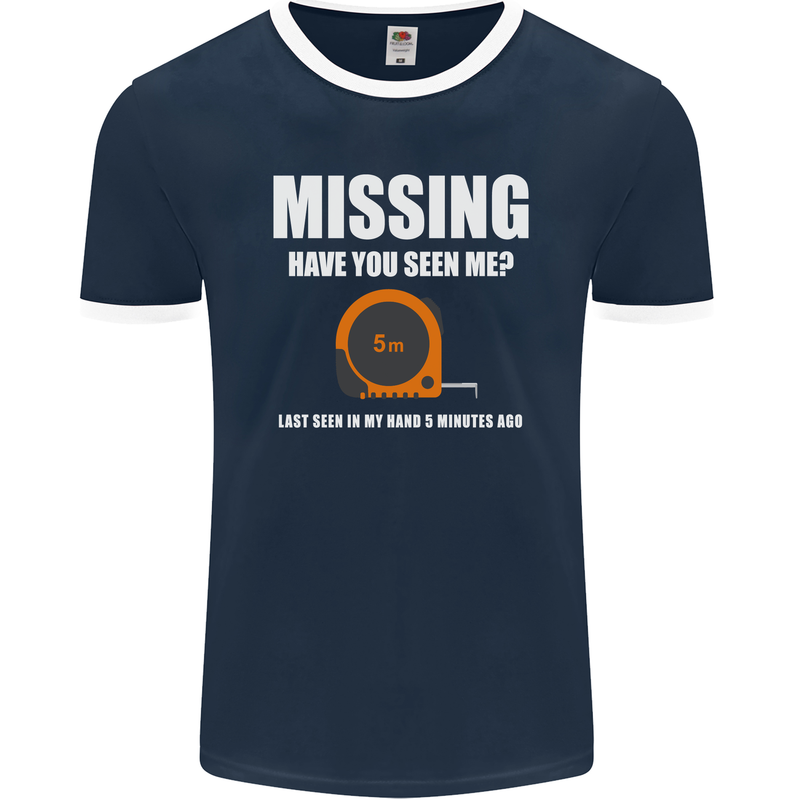 Missing Tape Measure Funny Carpenter DIY Mens Ringer T-Shirt FotL Navy Blue/White