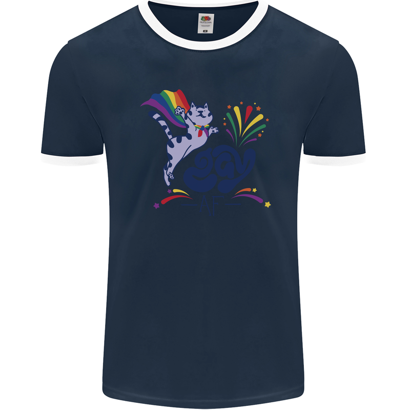 Cat Gay AF LGBT Gay Pride Mens Ringer T-Shirt FotL Navy Blue/White