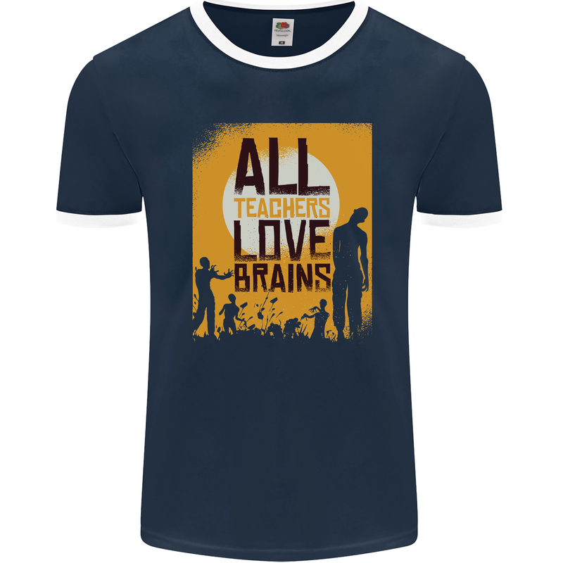 Zombie Teacher Love Brains Halloween Funny Mens Ringer T-Shirt FotL Navy Blue/White