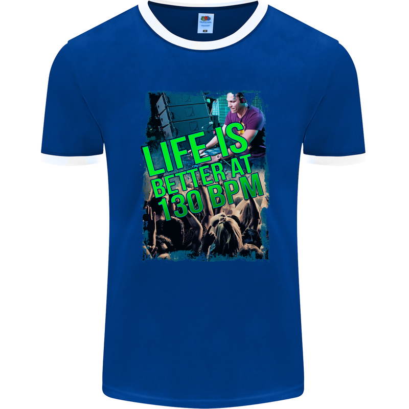 Life Is Better at 130 Bpm Dance Music DJ Mens Ringer T-Shirt FotL Royal Blue/White