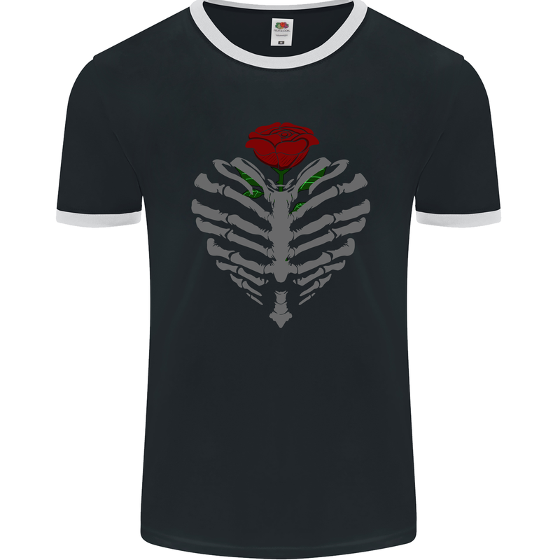 Rib Cage & Rose Gothic Heavy Metal Biker Mens Ringer T-Shirt FotL Black/White