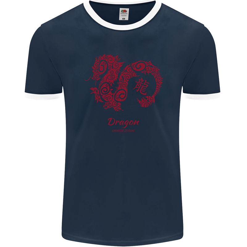 Chinese Zodiac Shengxiao Year of the Dragon Mens Ringer T-Shirt FotL Navy Blue/White