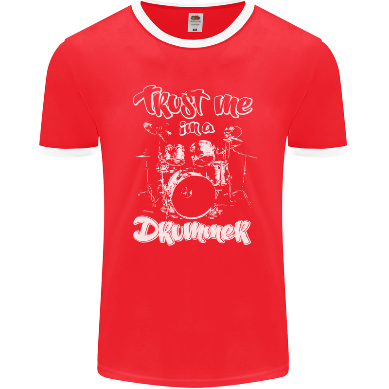 Trust Me I'm a Drummer Funny Drumming Drum Mens Ringer T-Shirt FotL Red/White