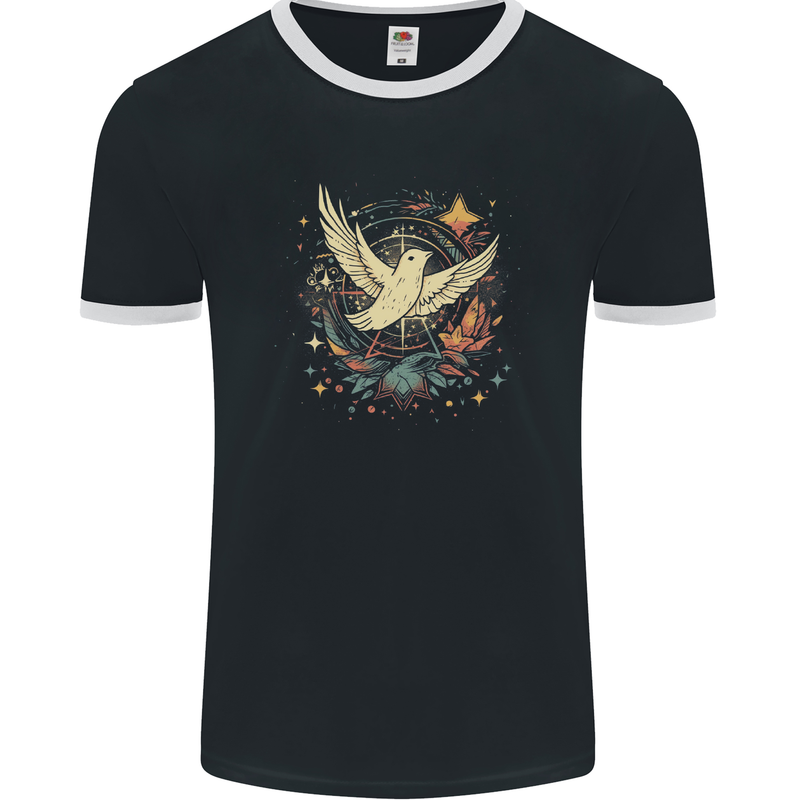 Freedom Dove in a Cosmic Wreath Peace Love Mens Ringer T-Shirt FotL Black/White