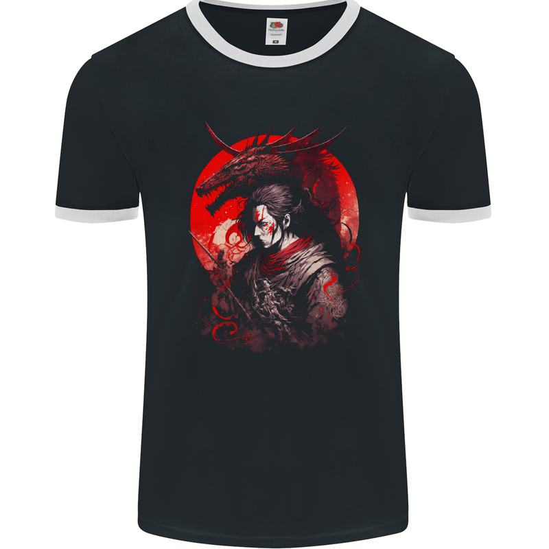 Japanese Dragon Warrior Samurai Ronin Mens Ringer T-Shirt FotL Black/White