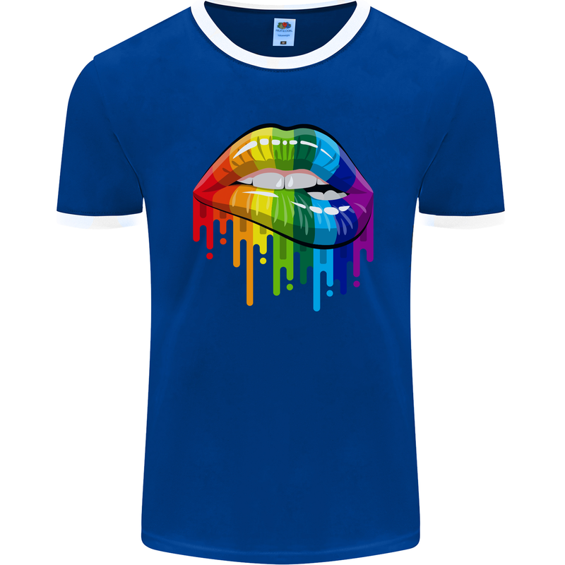 LGBT Bitten Rainbow Lip Gay Pride Day Mens Ringer T-Shirt FotL Royal Blue/White